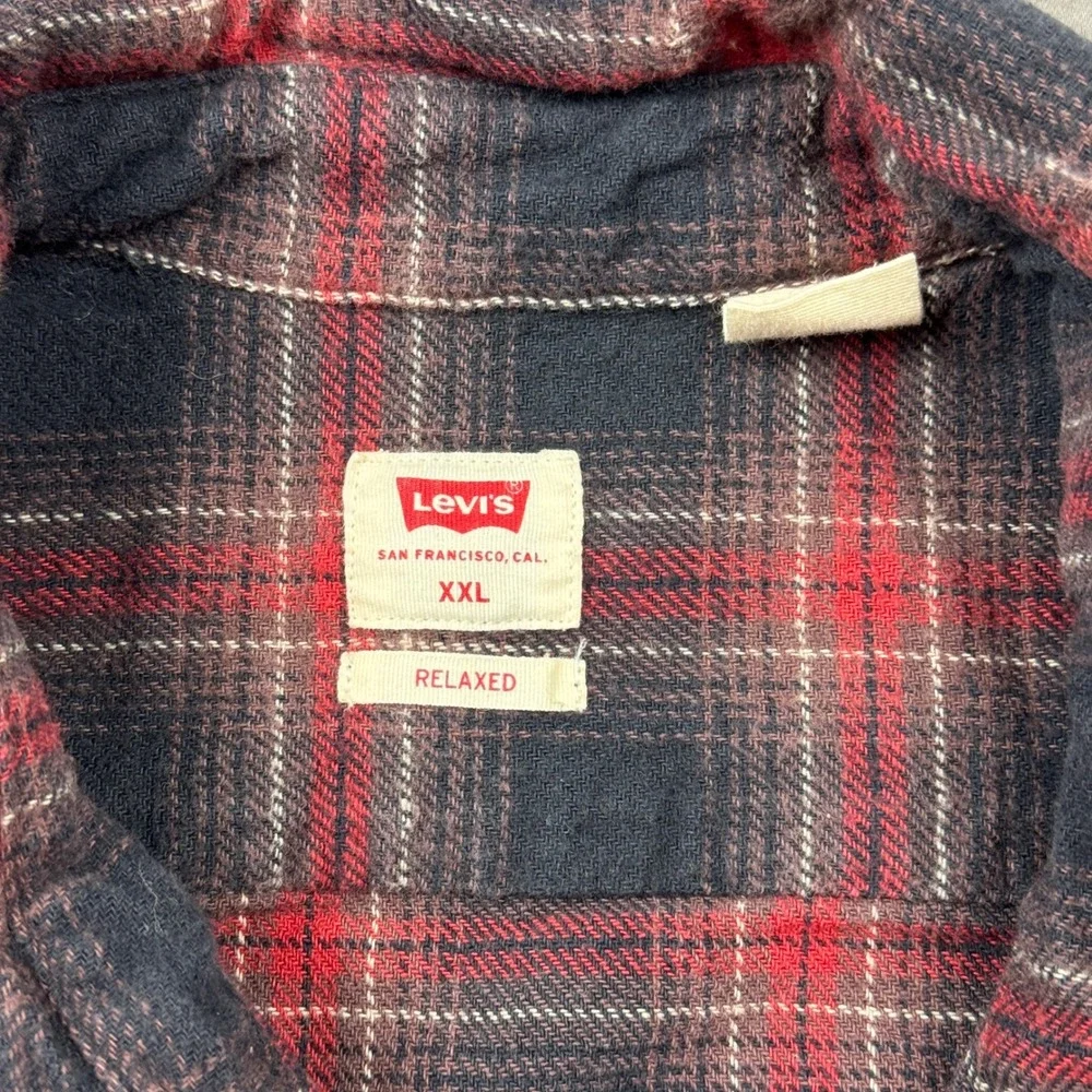 Levis Mens XXL Relaxed Fit Plaid Flannel Button Down Shirt Red Navy Black Cotton